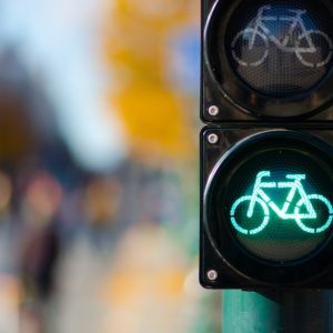 Sustainable transport. Bicycle traffic signal, green light, road bike, free bike zone or area, bike sharing